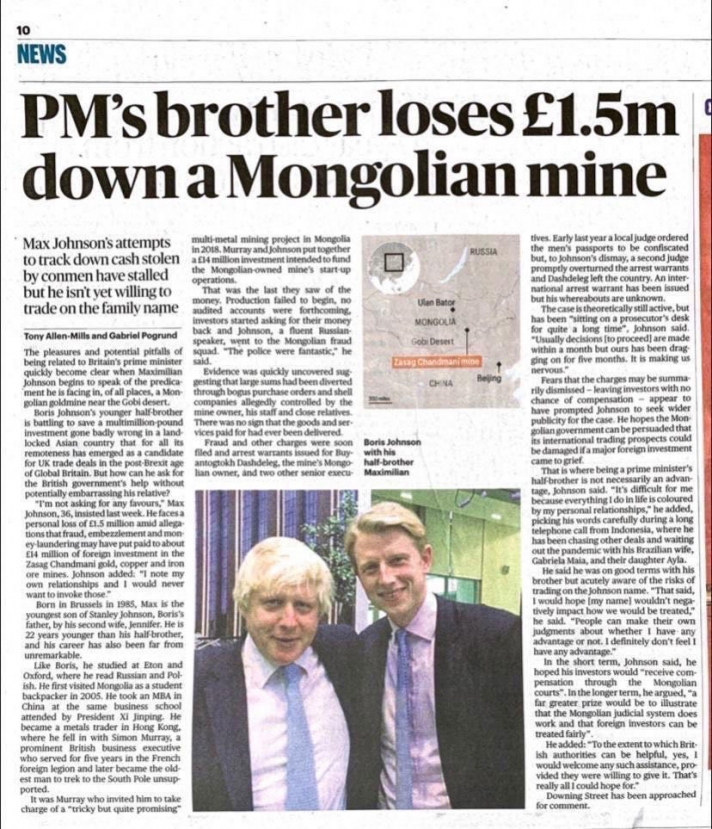 “Борис Жонсоны дүү Монголын залилангийн бүлэглэлд 14 сая фунт алдлаа” гэж “The Times”-т бичжээ