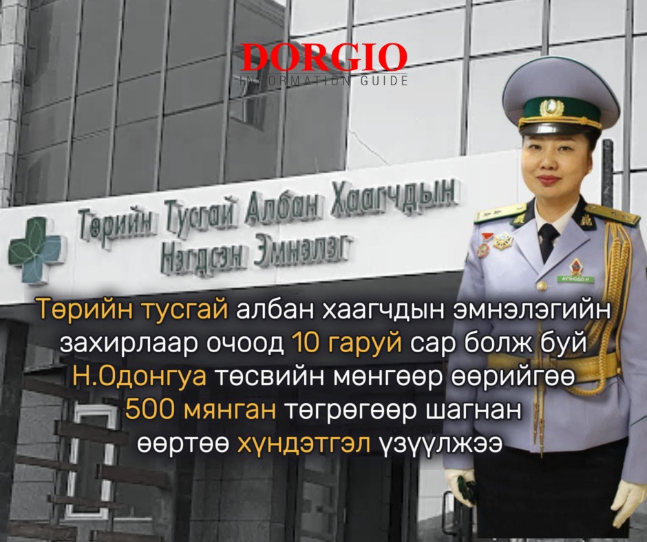 Төрийн тусгай албан хаагчдын эмнэлэгийн даргаар очоод 10 гаруй сар болж буй Н.Одонгуа төсвийн мөнгөөр өөрийгөө 500 мянган төгрөгөөр шагнан өөртөө хүндэтгэл үзүүлжээ